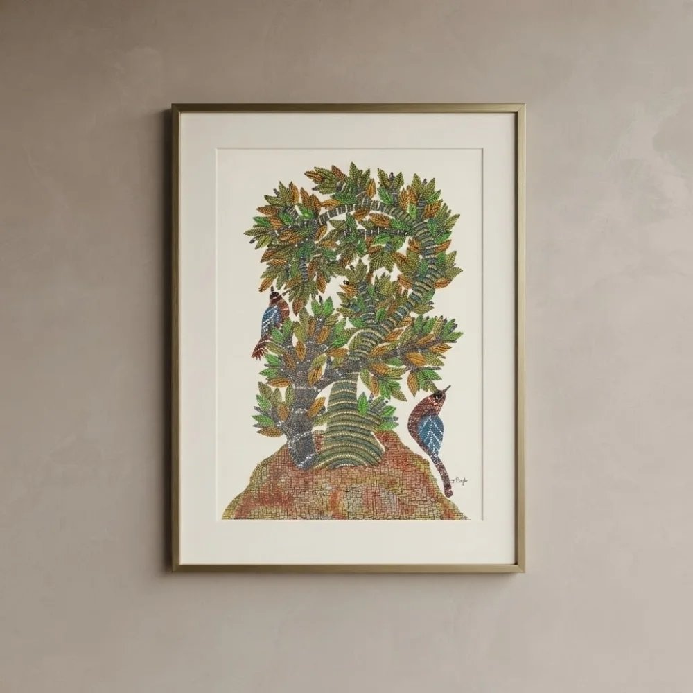 Handpainted Gond Art Painting – Forest Birds and Intertwined Tree of Life Thumbnail 1