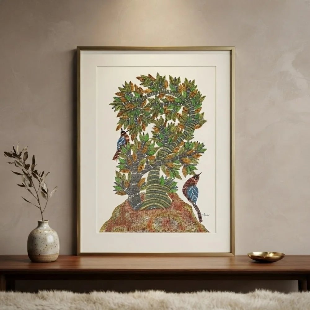 Handpainted Gond Art Painting – Forest Birds and Intertwined Tree of Life Thumbnail 2