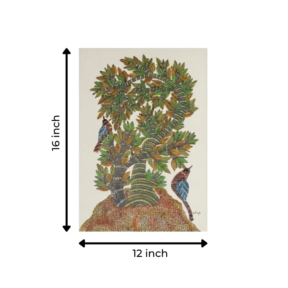 Handpainted Gond Art Painting – Forest Birds and Intertwined Tree of Life Thumbnail 3