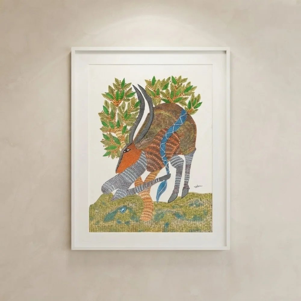 Original Gond Art Deer Painting – Handmade Indian Tribal Folk Art Wall Decor Thumbnail 1