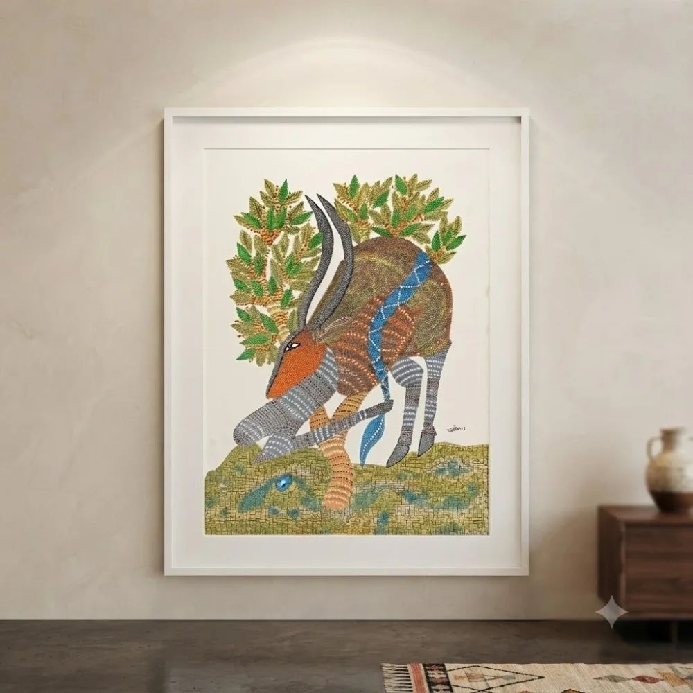 Original Gond Art Deer Painting – Handmade Indian Tribal Folk Art Wall Decor Thumbnail 2