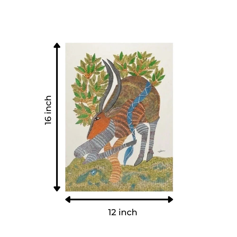 Original Gond Art Deer Painting – Handmade Indian Tribal Folk Art Wall Decor Thumbnail 3