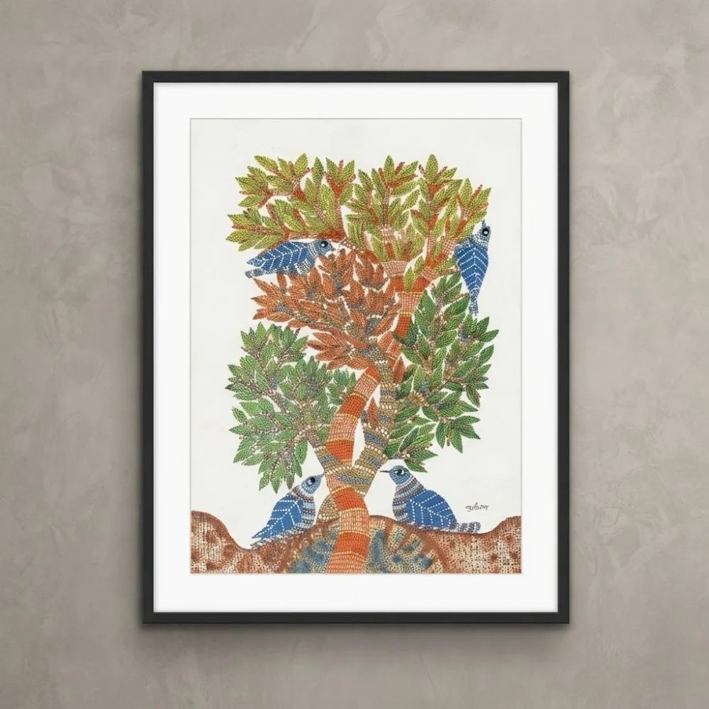 Original Gond Tree of Life Painting – Handmade Indian Birds and Nature Folk Art
