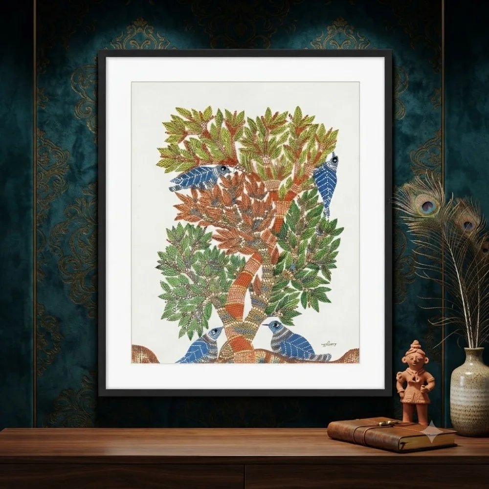 Original Gond Tree of Life Painting – Handmade Indian Birds and Nature Folk Art alternate view