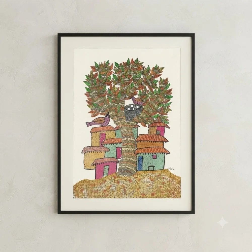 Original Gond Village Life Painting – Traditional Tree of Life and Tribal Homes Folk Art Thumbnail 1