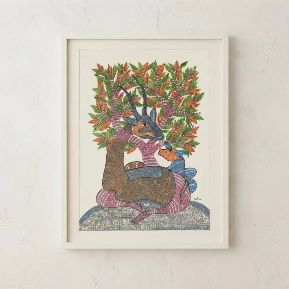 Original Gond Art Mother and Fawn Deer Painting – Handmade Indian Tribal Folk Art
