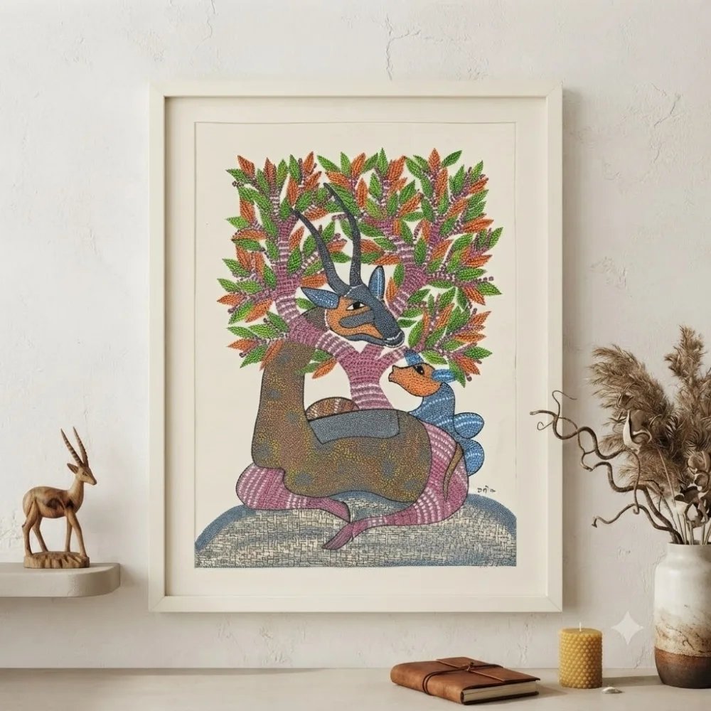 Original Gond Art Mother and Fawn Deer Painting – Handmade Indian Tribal Folk Art alternate view