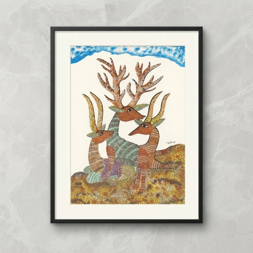 Original Gond Barasingha Painting – Handmade Indian Tribal Art Stag & Deer Wall Decor Thumbnail 1