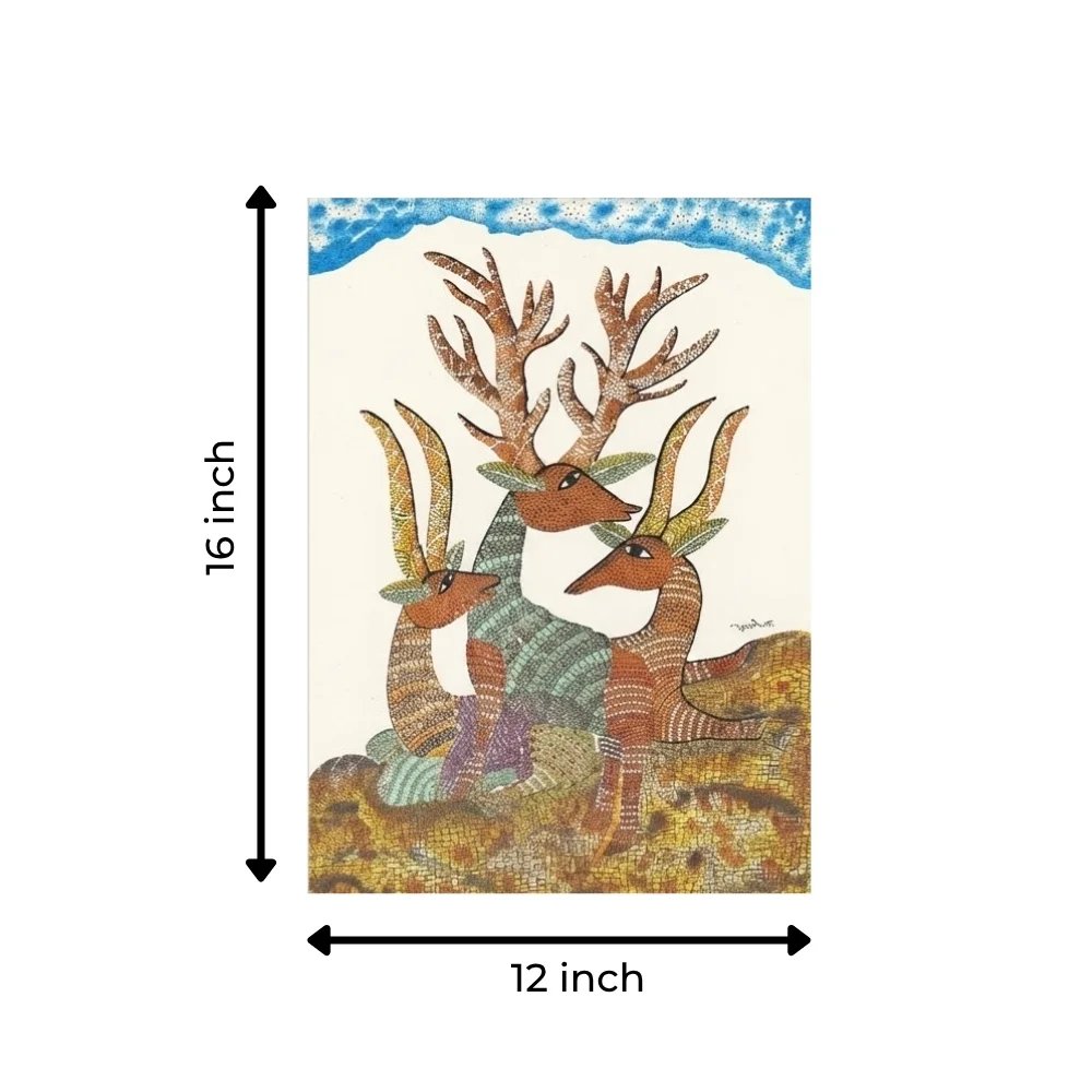 Original Gond Barasingha Painting – Handmade Indian Tribal Art Stag & Deer Wall Decor Thumbnail 3