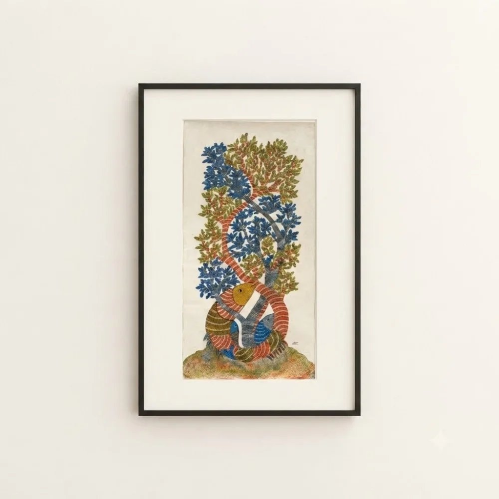 Original Gond Marine Life and Tree Painting – Handmade Vertical Indian Folk Art Canvas Thumbnail 1