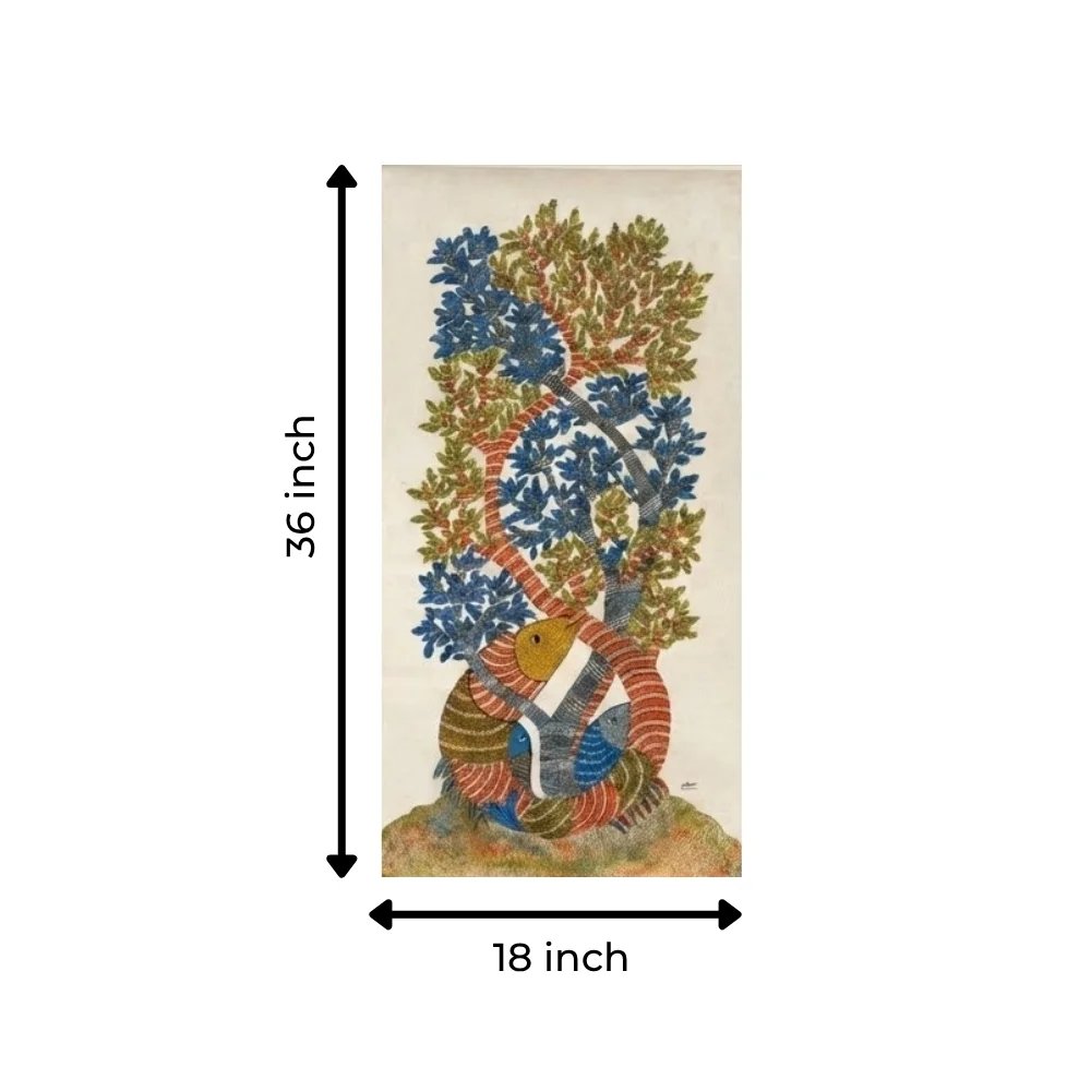 Original Gond Marine Life and Tree Painting – Handmade Vertical Indian Folk Art Canvas Thumbnail 3
