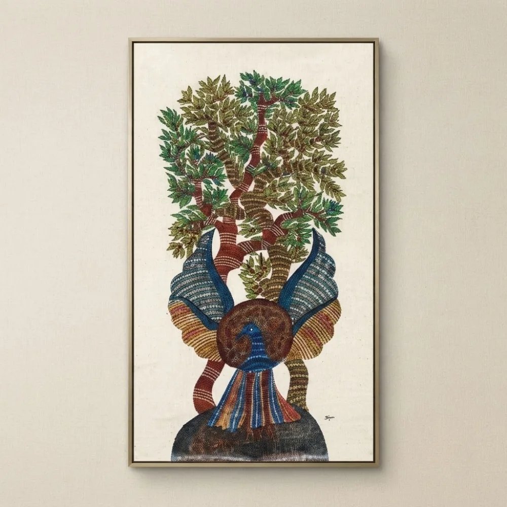 Authentic Hand-Painted "Peacock and Tree of Life" Gond Tribal Art Thumbnail 1