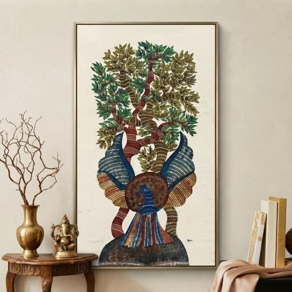 Authentic Hand-Painted "Peacock and Tree of Life" Gond Tribal Art alternate view