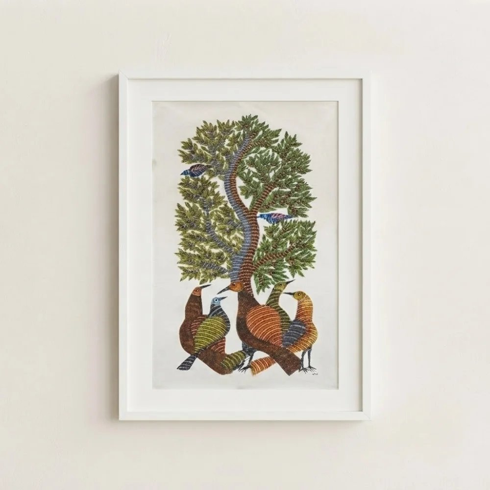Authentic Gond Art Painting - Tree of Life with Mystical Birds