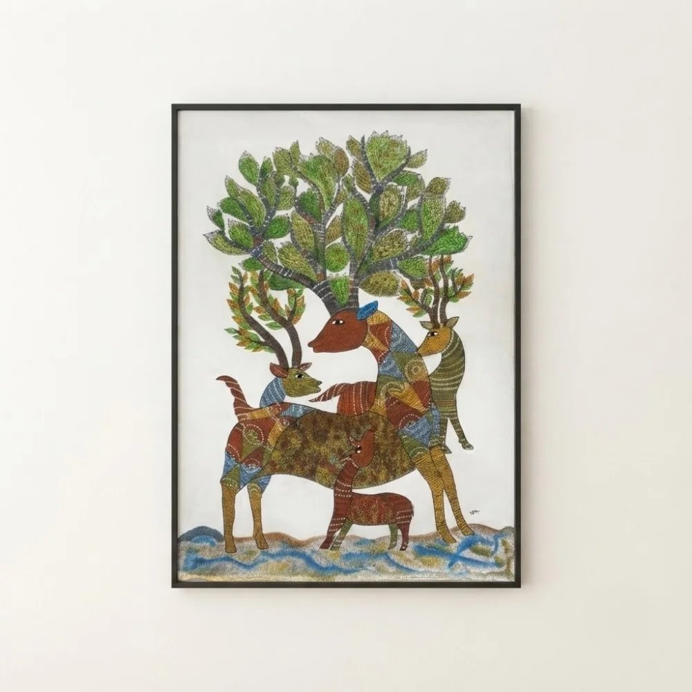 Handpainted Gond Art Painting - The Mystical Stag and Forest Family Thumbnail 1