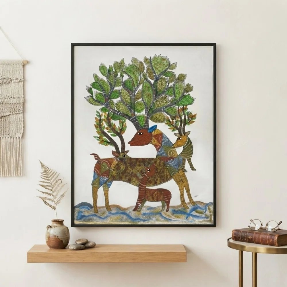 Handpainted Gond Art Painting - The Mystical Stag and Forest Family Thumbnail 2