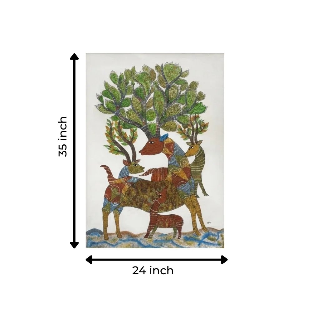 Handpainted Gond Art Painting - The Mystical Stag and Forest Family Thumbnail 3