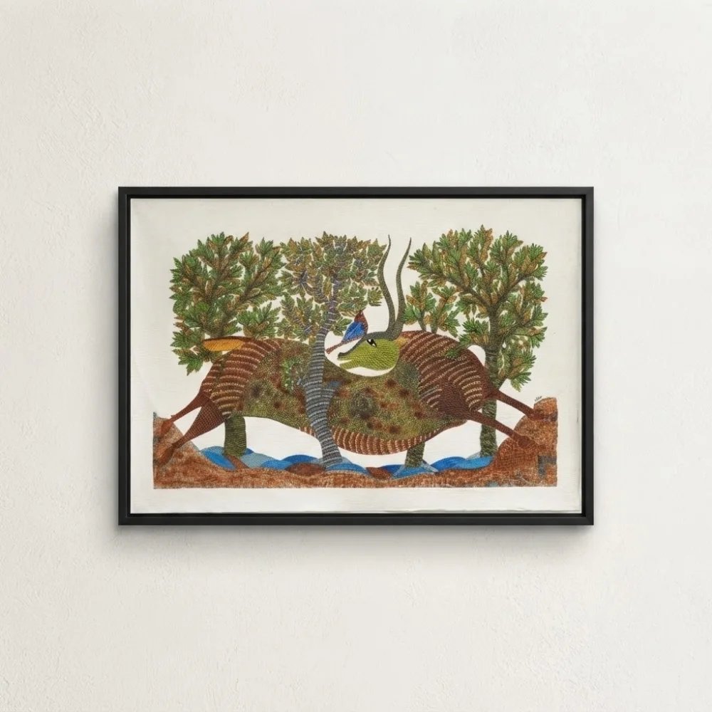 Gond Tribal Painting – The Majestic Horned Bull & Golden Oriole