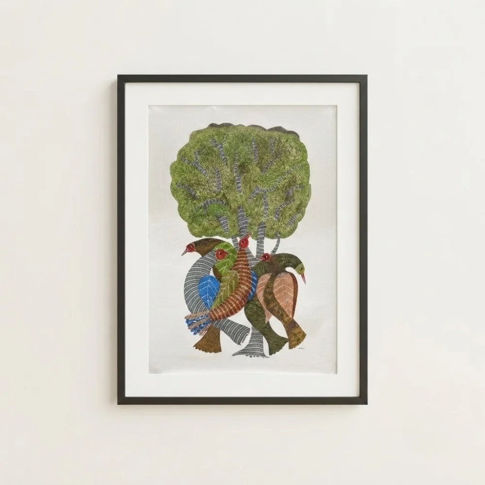 Gond Tribal Painting – The Sacred Tree and Guardian Birds