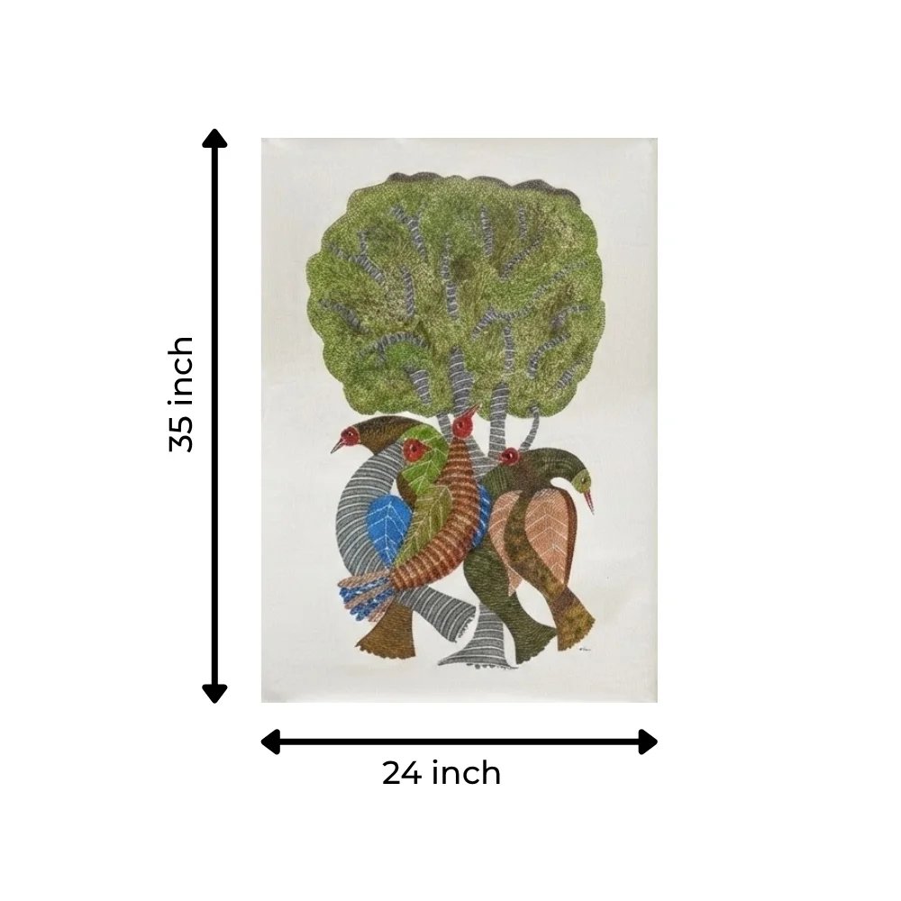 Gond Tribal Painting – The Sacred Tree and Guardian Birds Thumbnail 3
