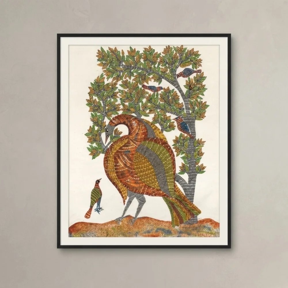 Authentic Hand-Painted Gond Tribal Painting – The Mother Bird & Forest Canopy Canvas Art