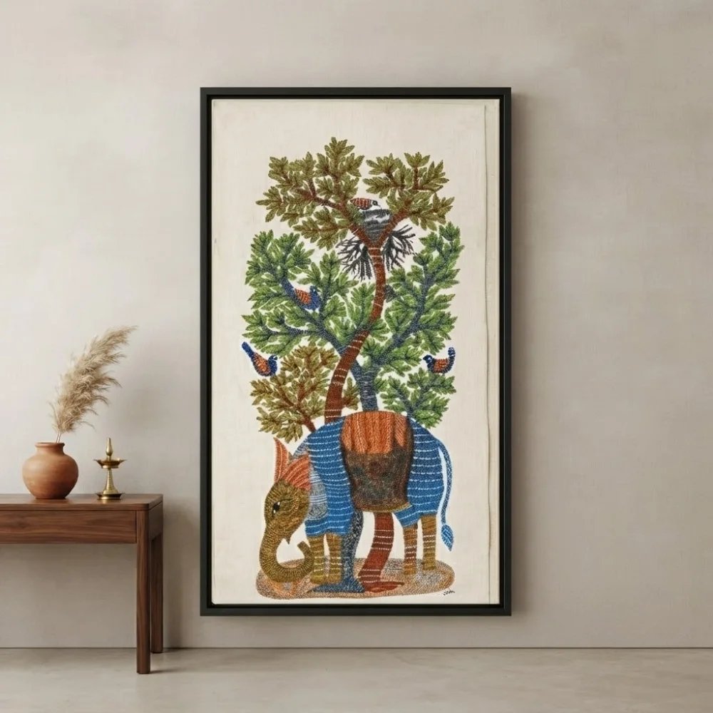 Authentic Hand-Painted Gond Tribal Painting – The Sacred Blue Elephant & Tree of Life Canvas Art Thumbnail 2