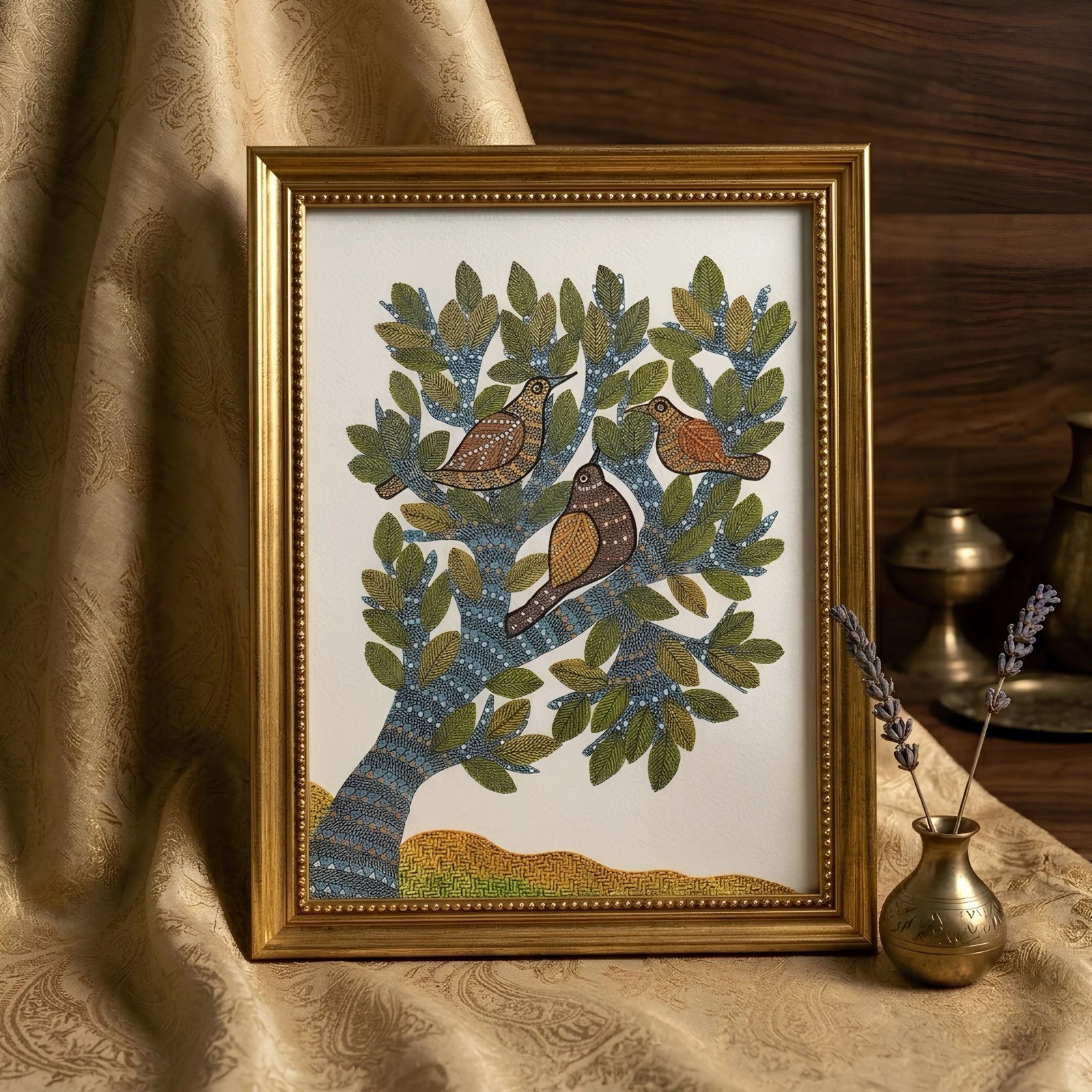 Authentic Gond Painting – Traditional Tribal Birds on Tree of Life Art Thumbnail 2