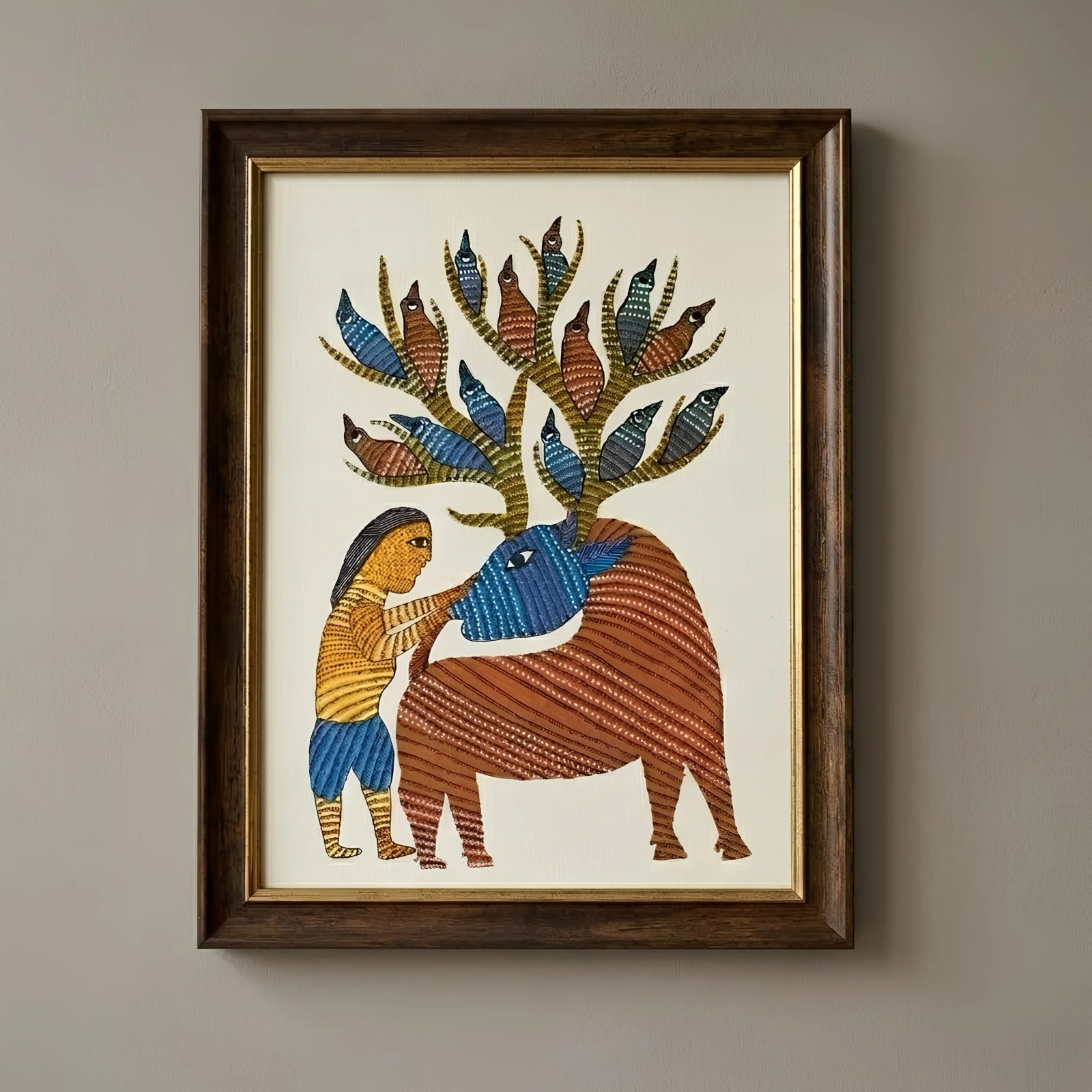 Authentic Gond Painting – Traditional Tribal Mythological Deer and Anthropomorphic Tree of Life Thumbnail 1
