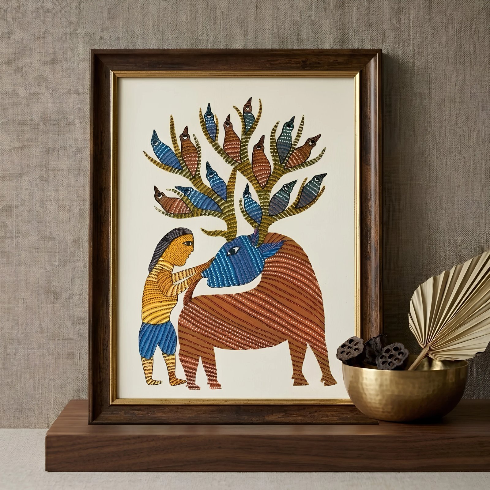 Authentic Gond Painting – Traditional Tribal Mythological Deer and Anthropomorphic Tree of Life Thumbnail 2