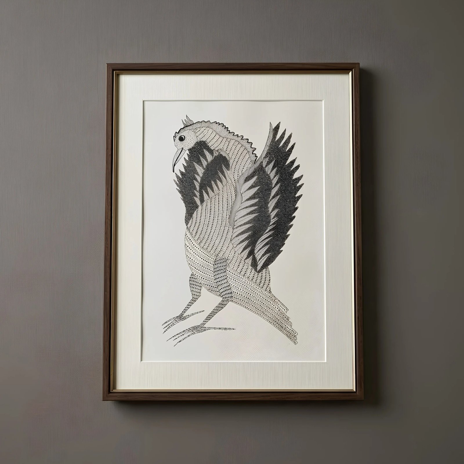 Authentic Monochrome Gond Painting – Traditional Tribal Ink Art of Mythological Bird