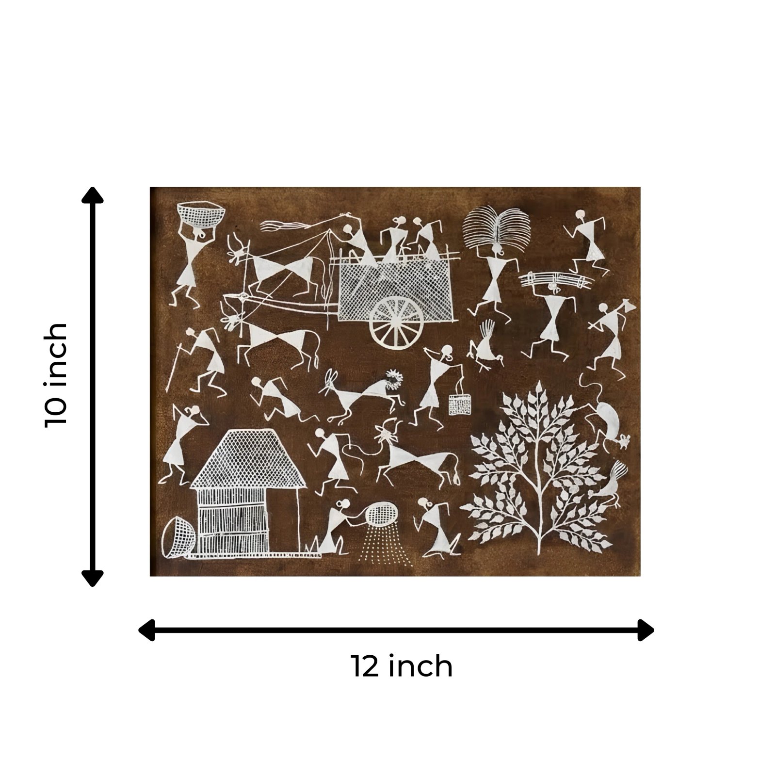 Handpainted Mud Brown Warli Painting – Traditional Bullock Cart Transit, Rice Winnowing & Tribal Village Life Thumbnail 3
