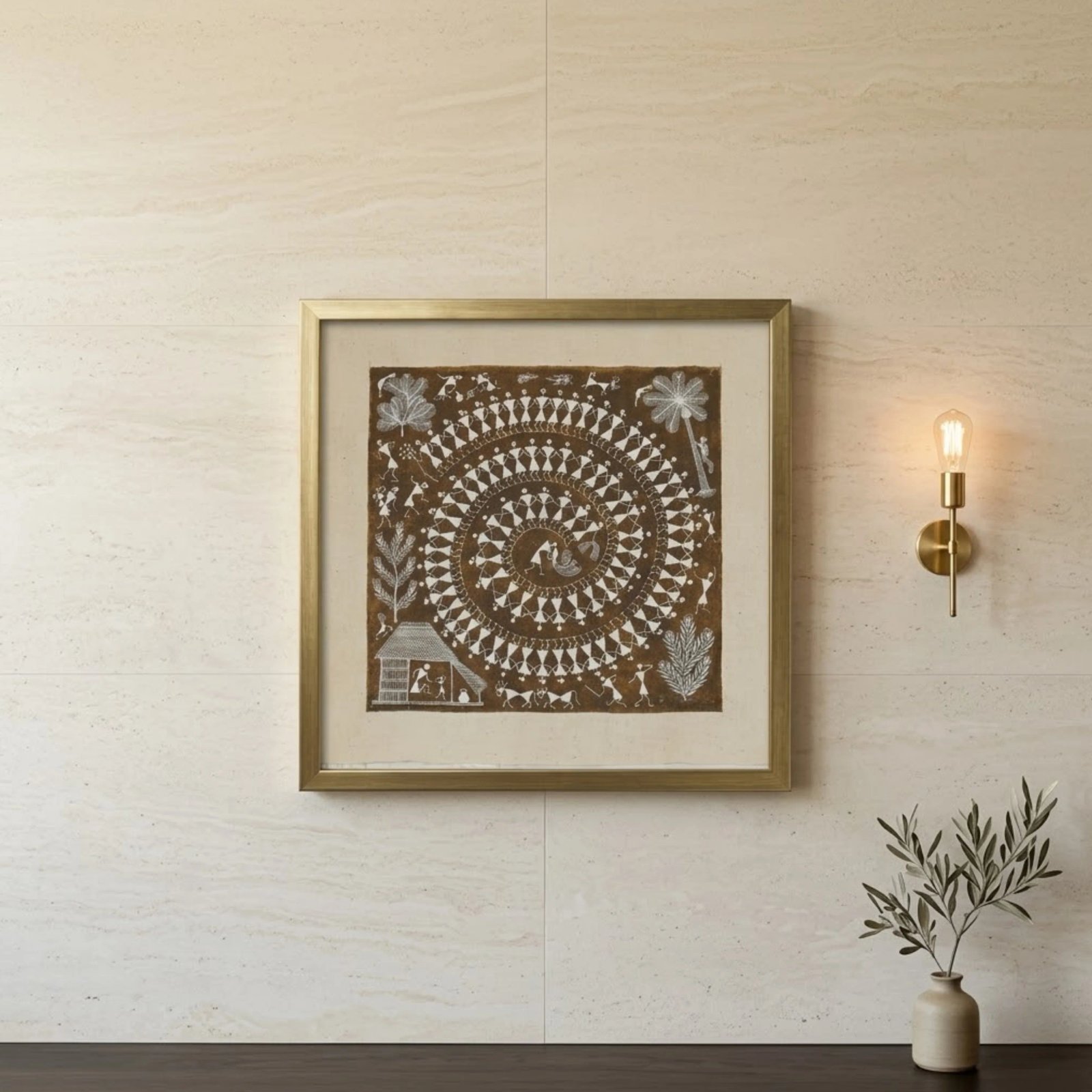 Handmade Warli Painting - Sacred Spiral Tarpa Dance Thumbnail 2