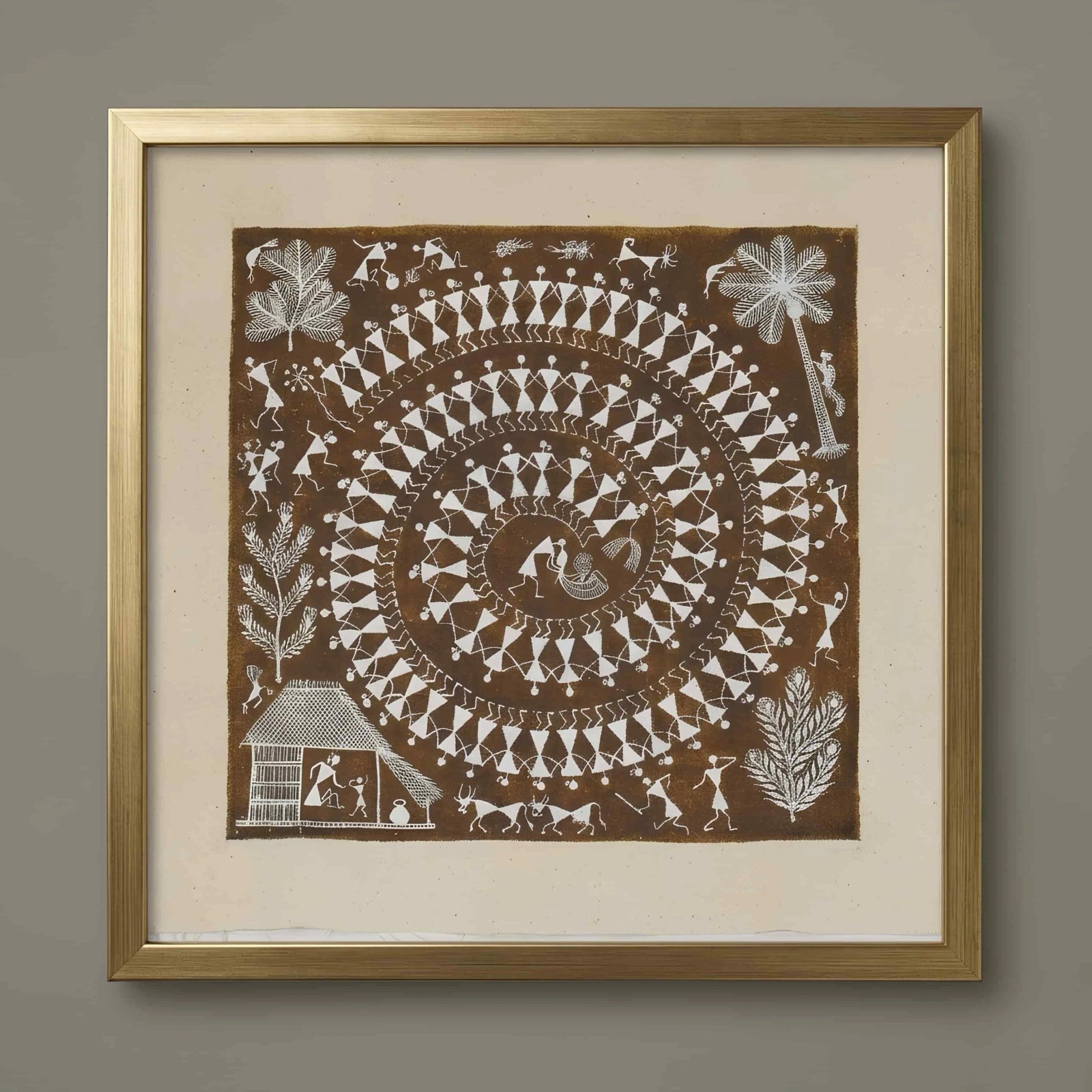 Handmade Warli Painting - Sacred Spiral Tarpa Dance Thumbnail 1