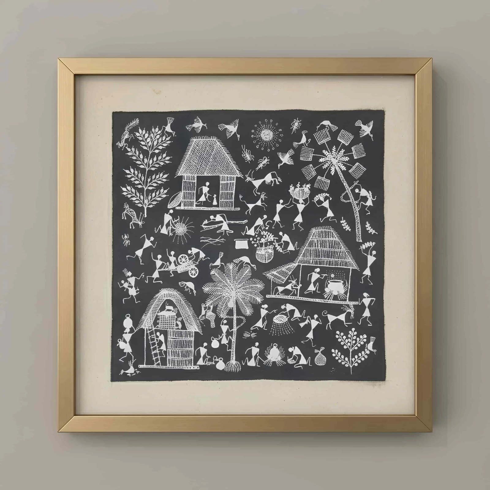 Handmade Warli Painting - Traditional Tribal Village Life Thumbnail 1