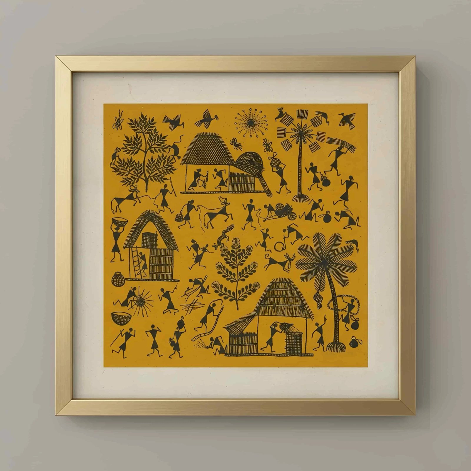 Handpainted Warli Tribal Village Life Painting on Canvas Thumbnail 1