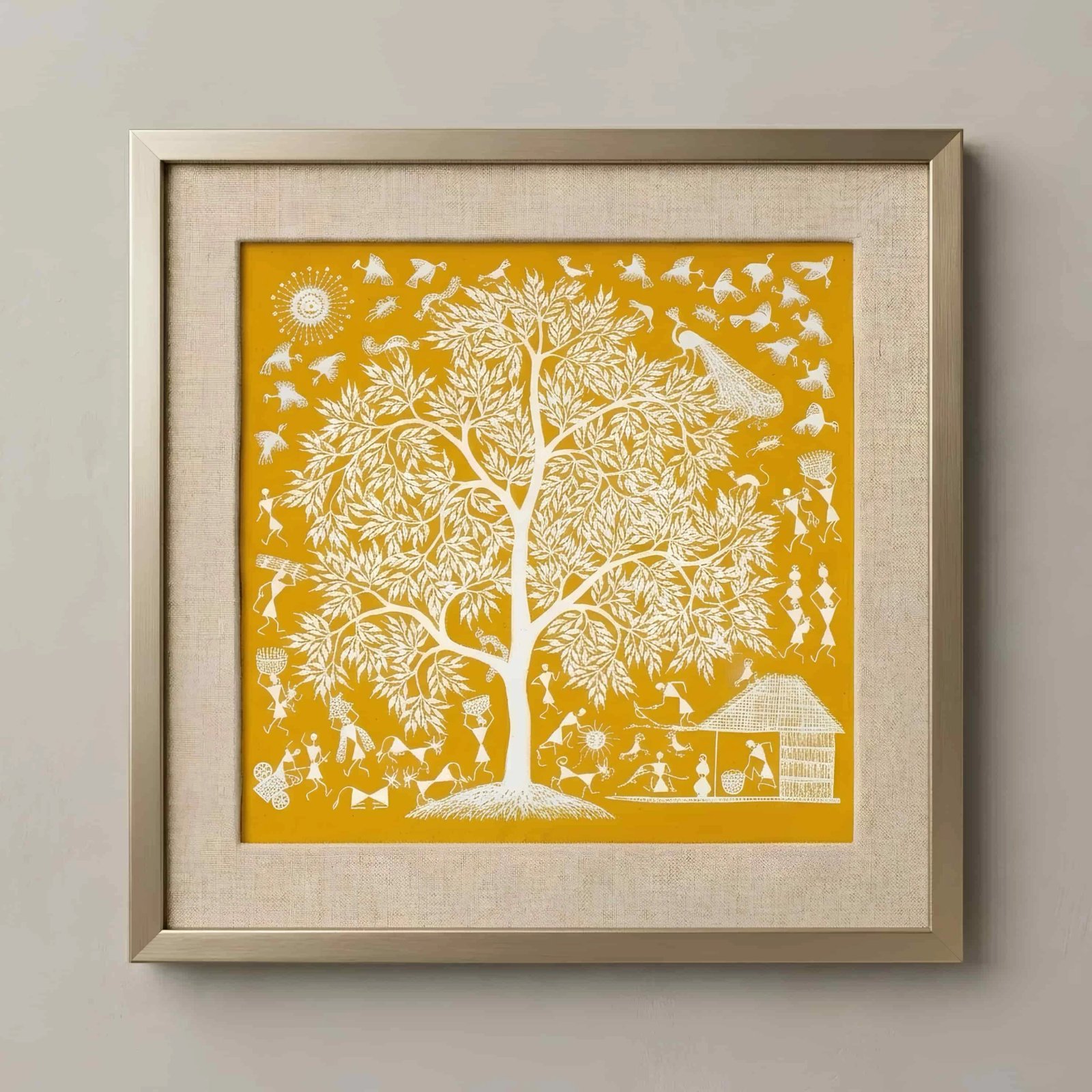 Original Warli Tree of Life Canvas Painting - Handmade Folk Thumbnail 1