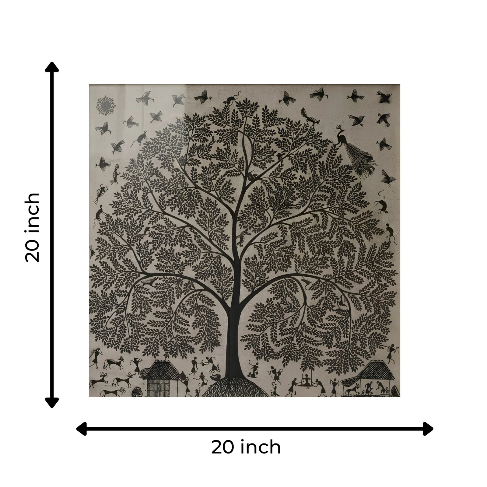Authentic Warli Tree of Life Painting by Sanjay Parhad – Monochrome Black and Grey Traditional Tribal Canvas Art Thumbnail 3