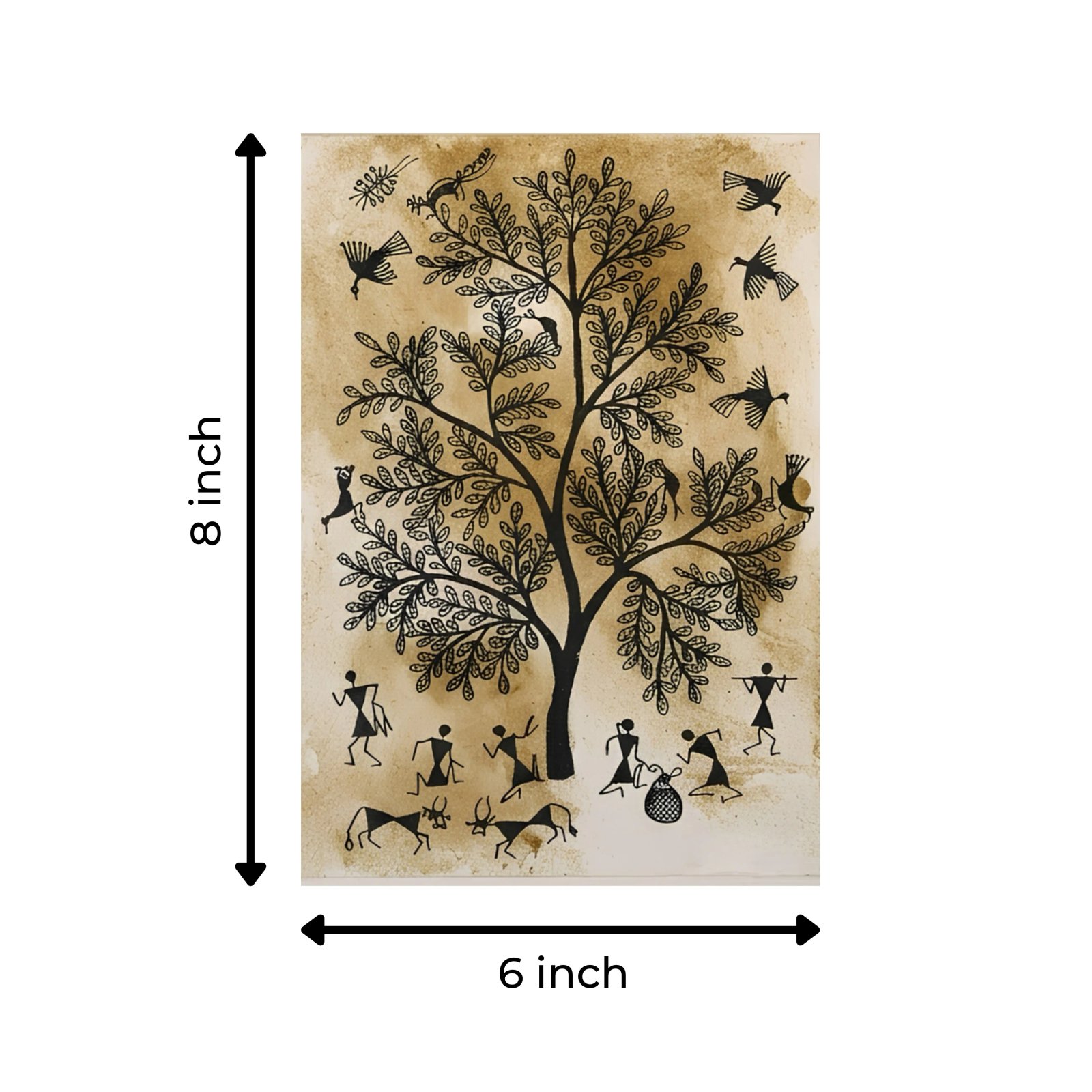 Hand-Painted Warli Tribal Art – Earthy Tree of Life & Village Harvest Scene Thumbnail 3