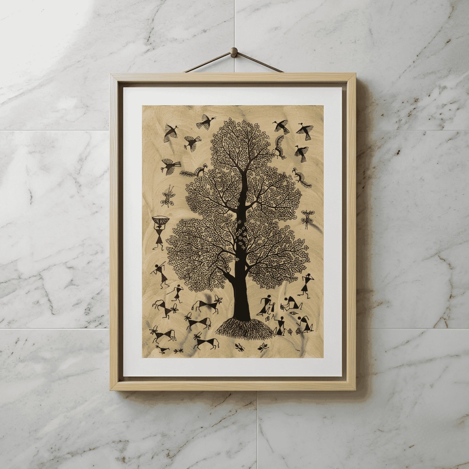 Hand-Painted Warli Art: The Abundant Tree of Life on Earthy Mud-Texture Background Thumbnail 1