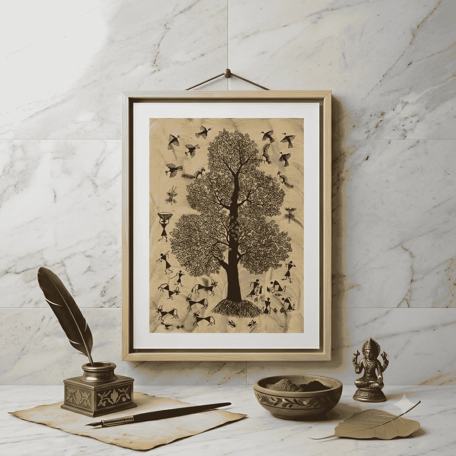 Hand-Painted Warli Art: The Abundant Tree of Life on Earthy Mud-Texture Background Thumbnail 2