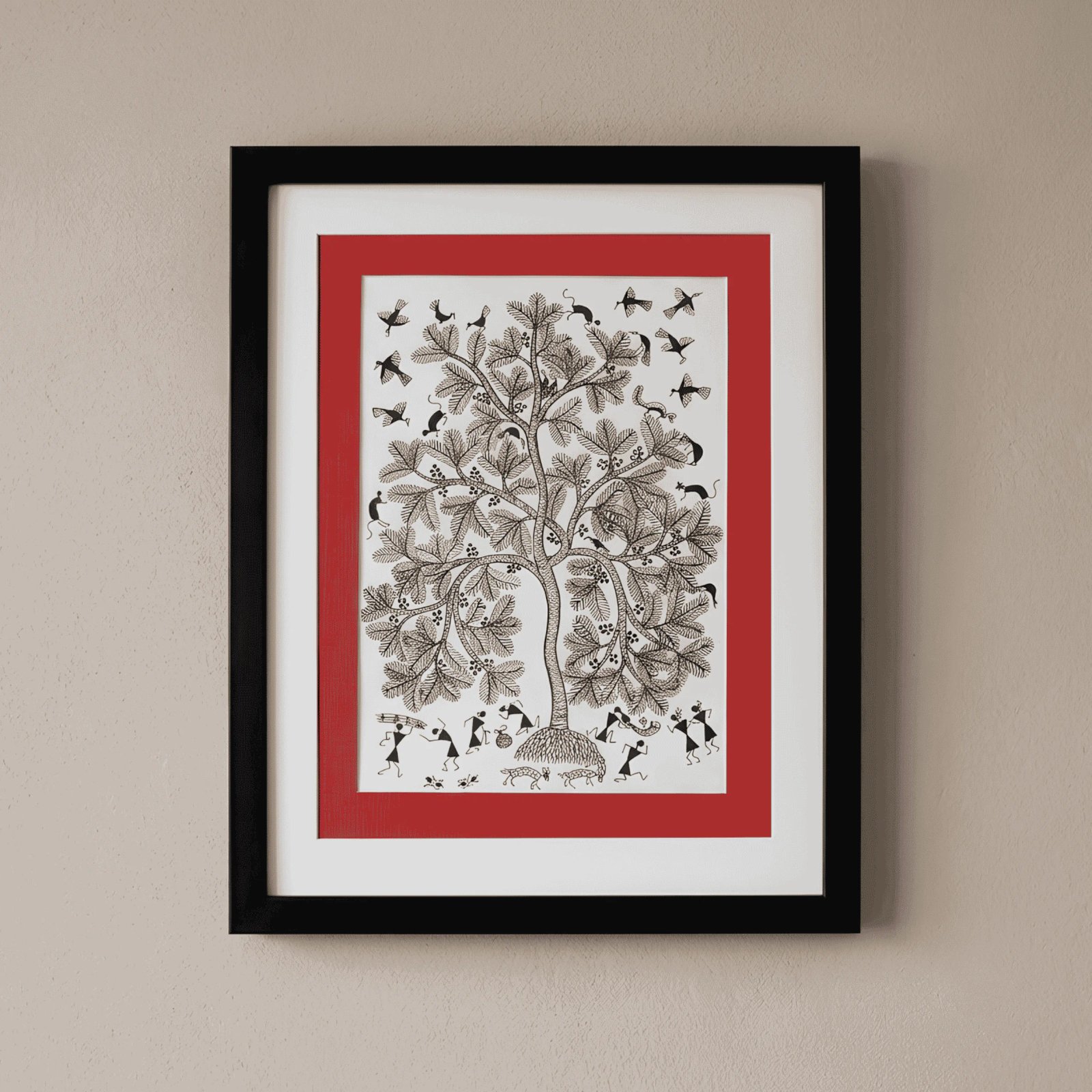 Original Monochrome Warli Painting – The Sacred Fruiting Tree Thumbnail 1