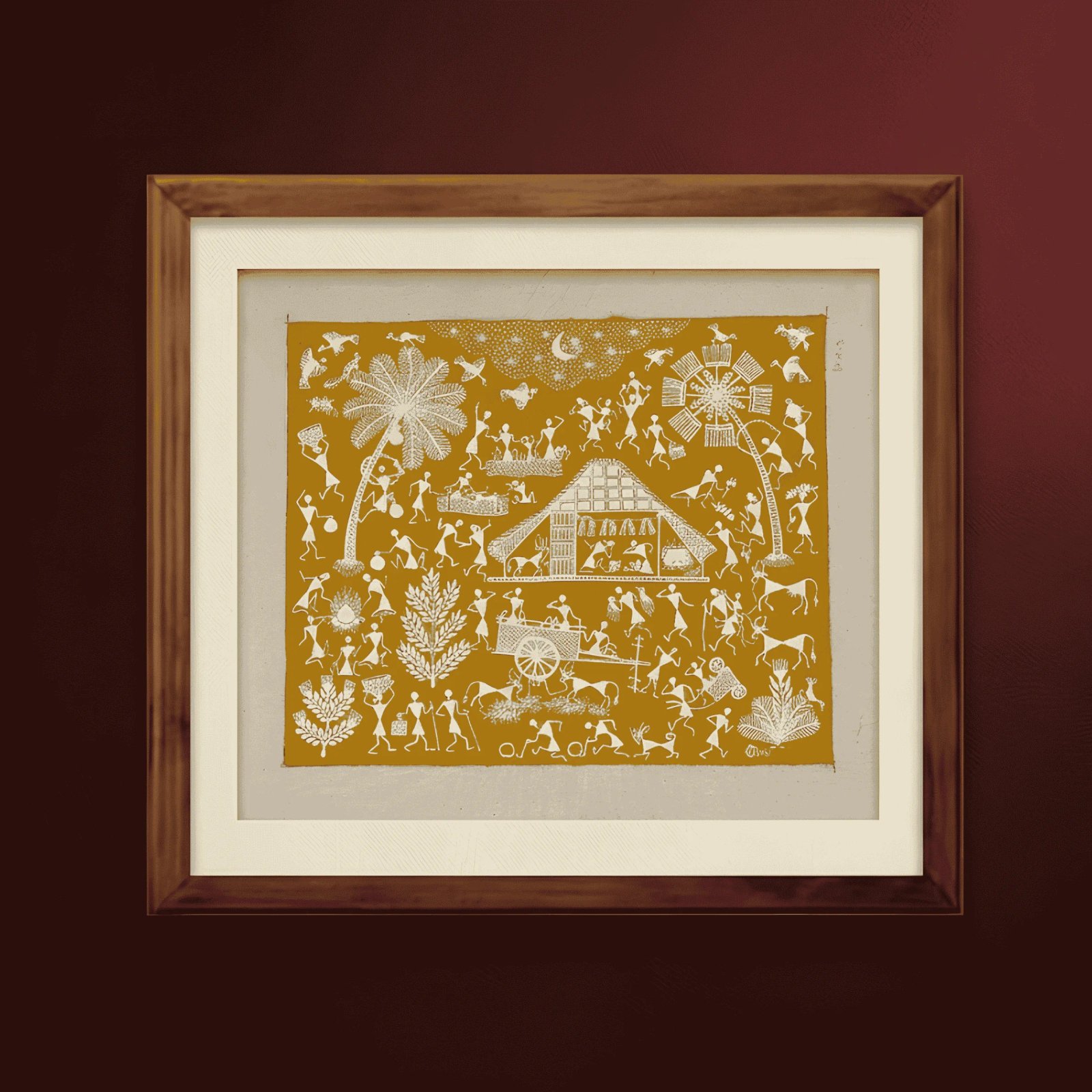 Handpainted Mustard Yellow Warli Painting Thumbnail 1