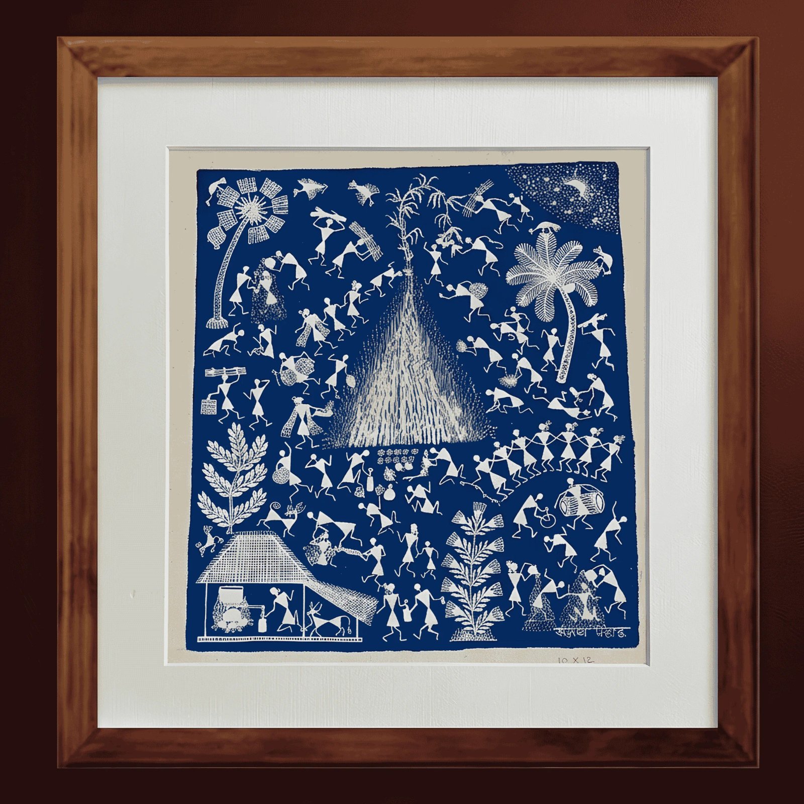 Handpainted Indigo Blue Warli Painting – Sacred Bonfire Dance Thumbnail 1
