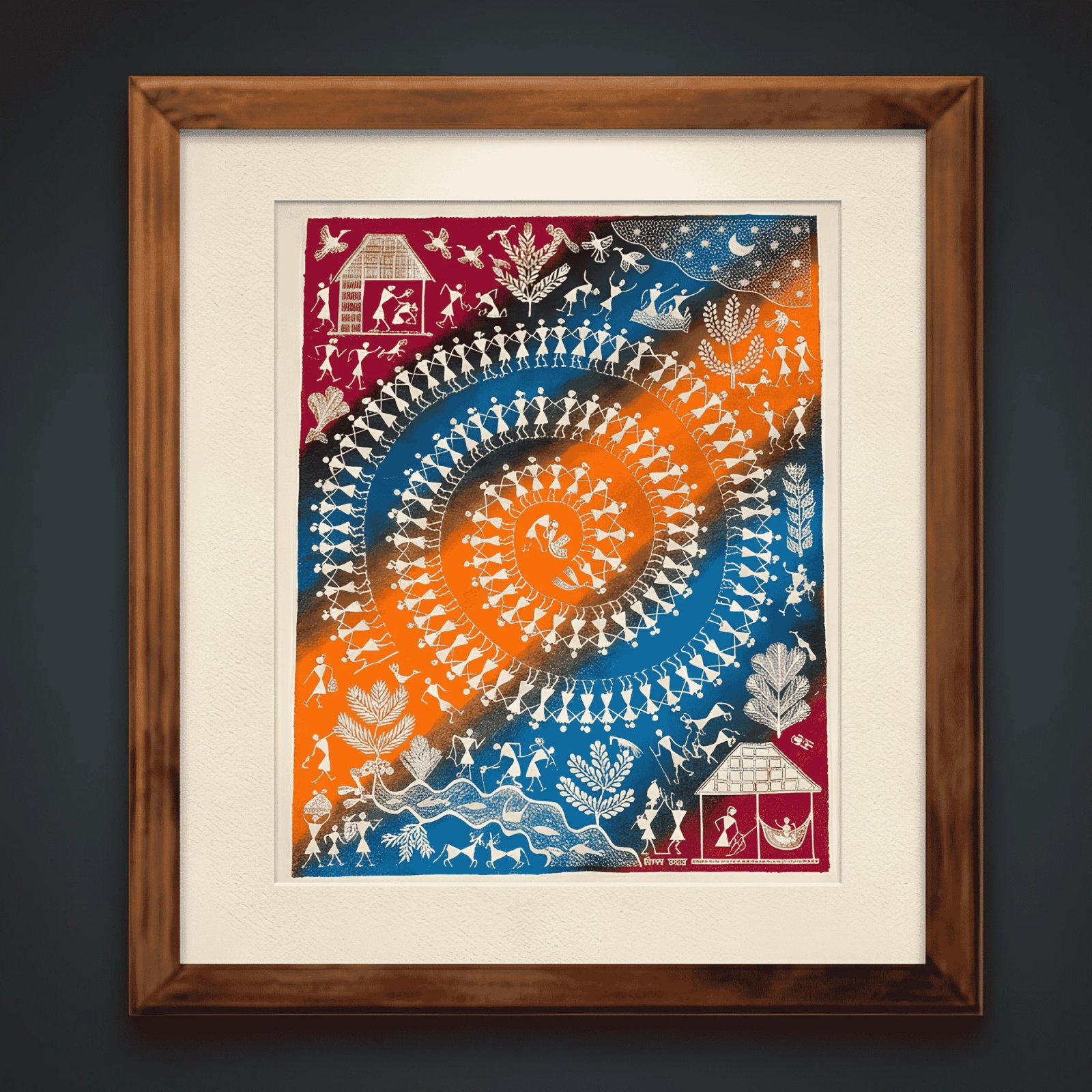 Handpainted Multi-Color Multicolor Warli Painting – Grand Tarpa Spiral Dance & Tribal Village Life Landscape Thumbnail 1