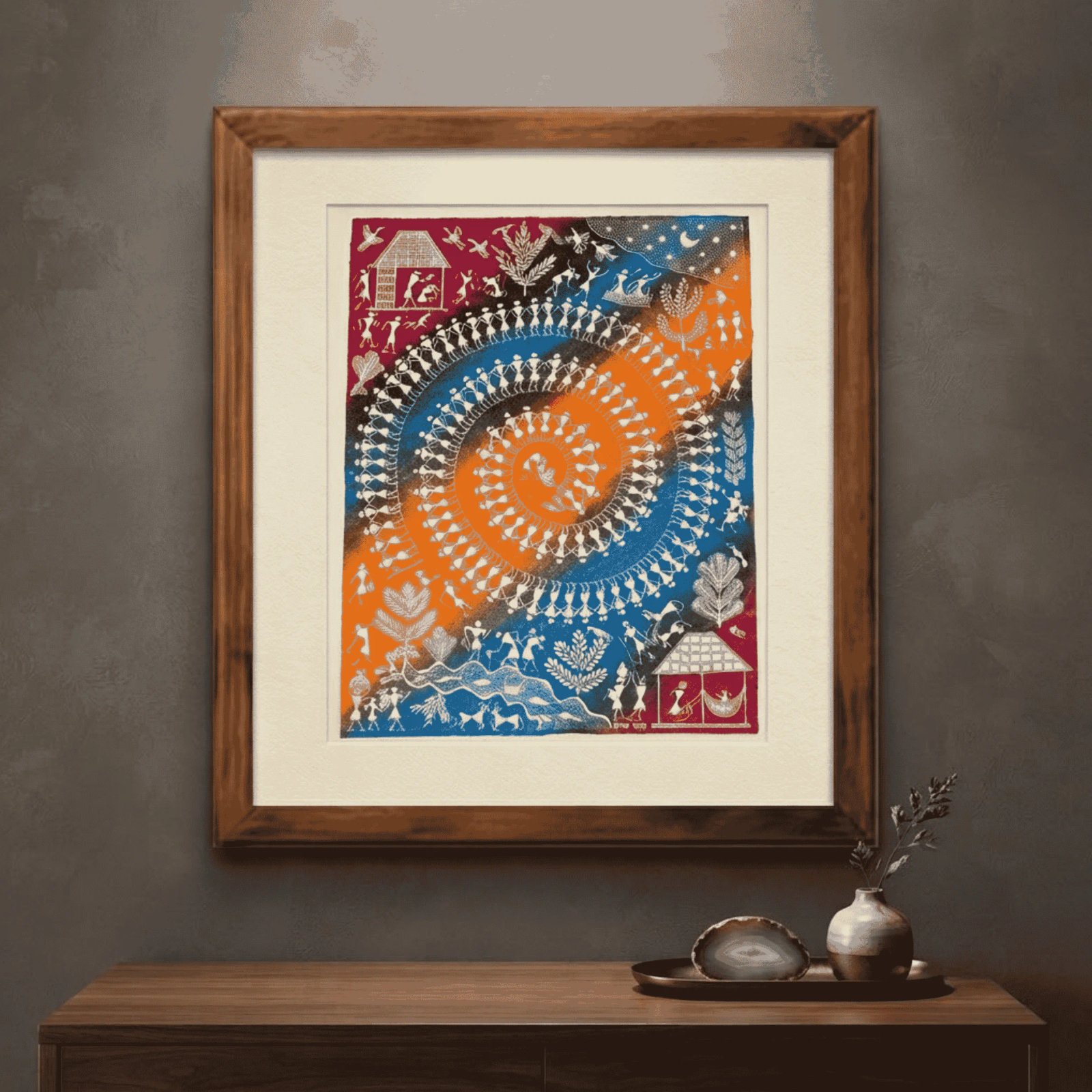 Handpainted Multi-Color Multicolor Warli Painting – Grand Tarpa Spiral Dance & Tribal Village Life Landscape Thumbnail 2