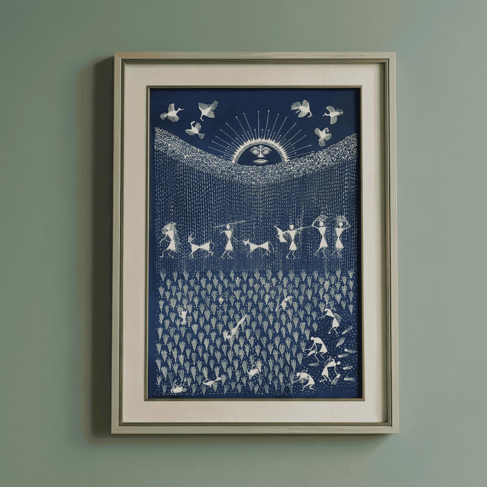 Handpainted Royal Indigo Blue Warli Painting – The Monsoon Rain & Rice Plantation Ritua Thumbnail 1