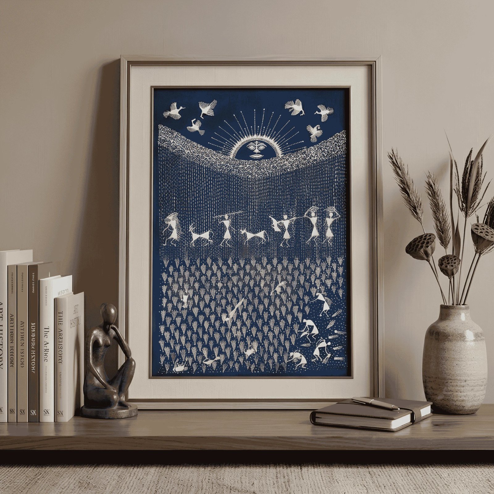 Handpainted Royal Indigo Blue Warli Painting – The Monsoon Rain & Rice Plantation Ritua Thumbnail 2