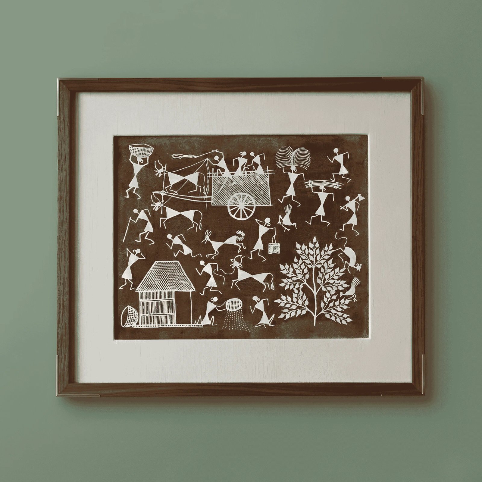 Handpainted Mud Brown Warli Painting – Traditional Bullock Cart Transit, Rice Winnowing & Tribal Village Life Thumbnail 1