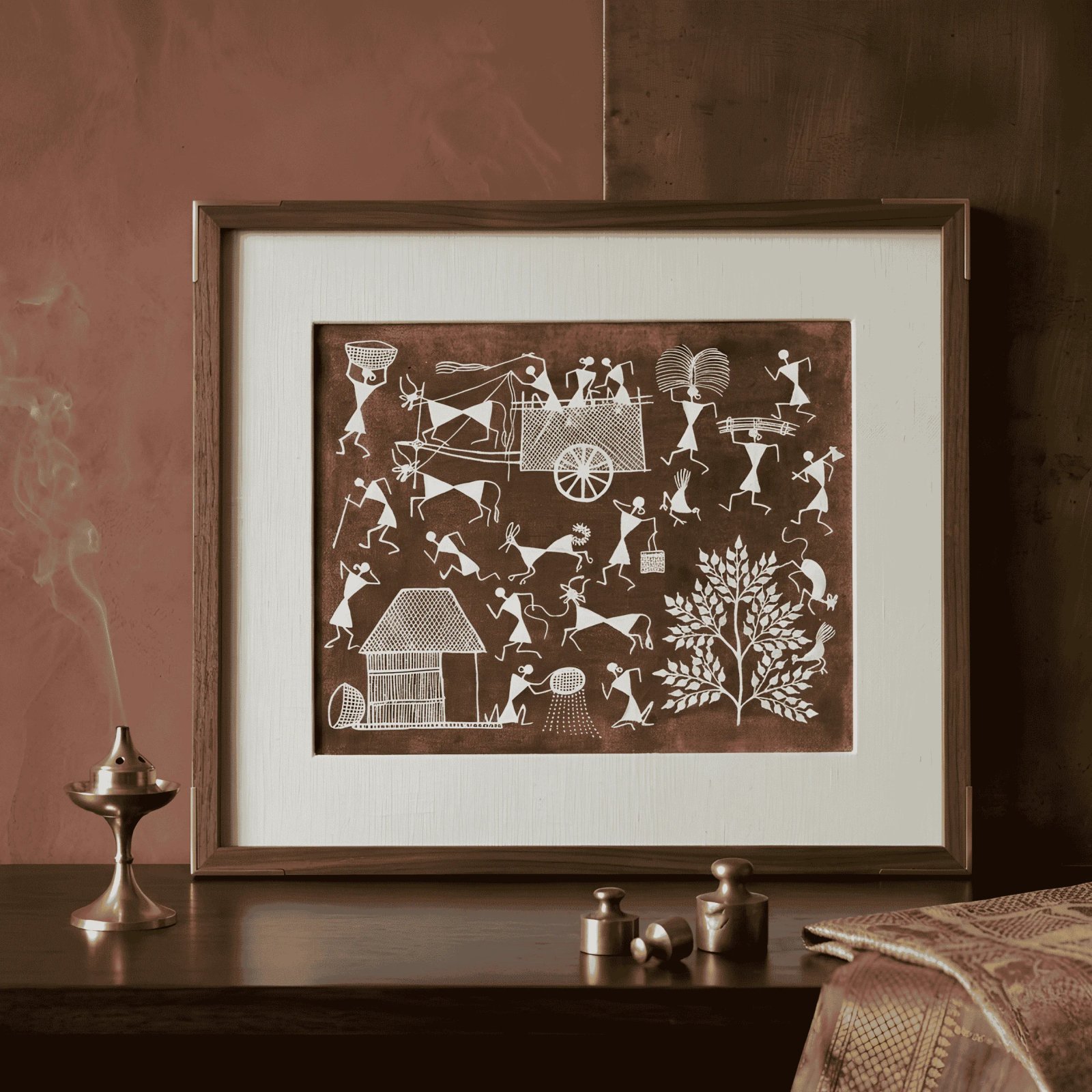 Handpainted Mud Brown Warli Painting – Traditional Bullock Cart Transit, Rice Winnowing & Tribal Village Life Thumbnail 2