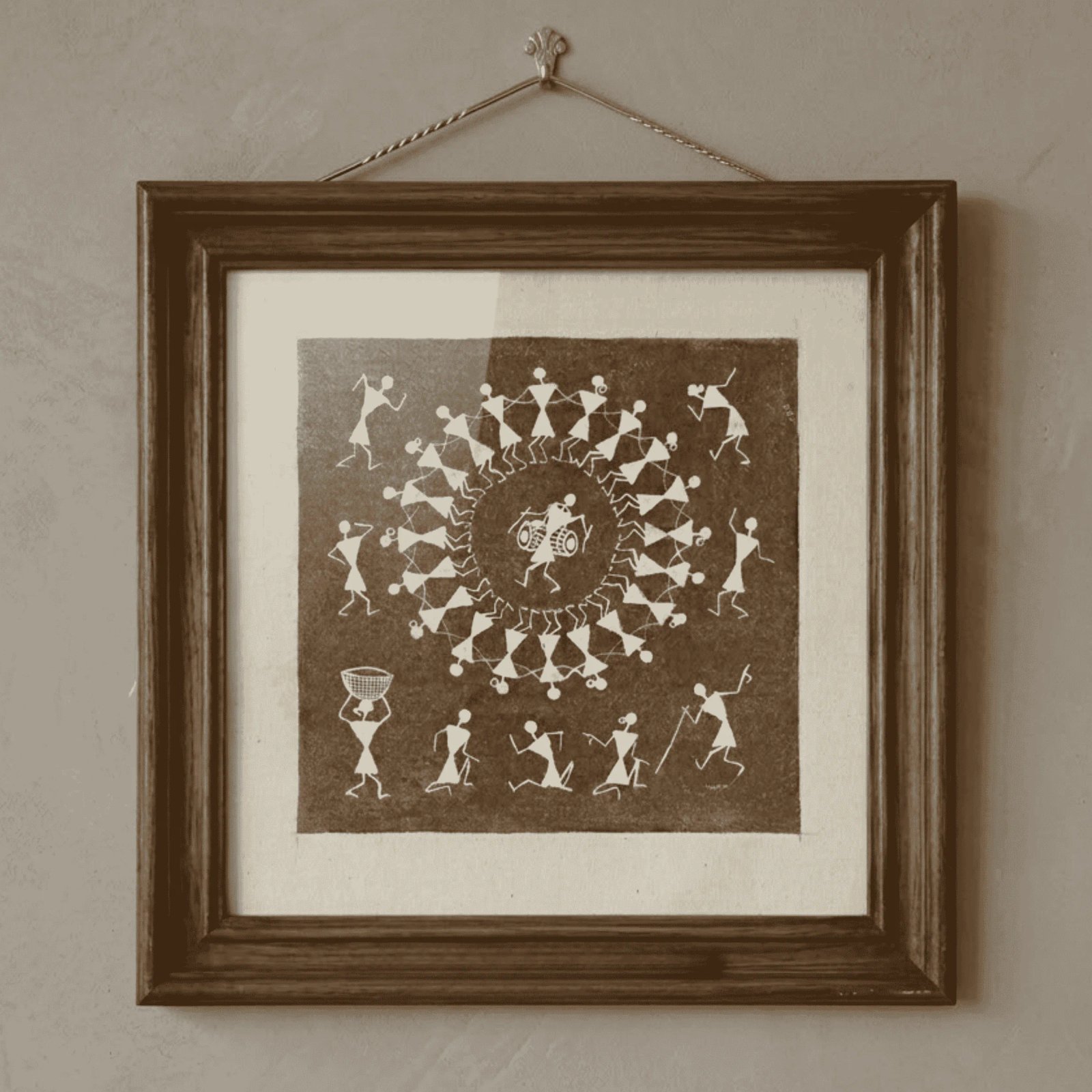 Handpainted Mud Brown Warli Painting – Traditional Tarpa Spiral Dance & Tribal Circle Celebration Thumbnail 1